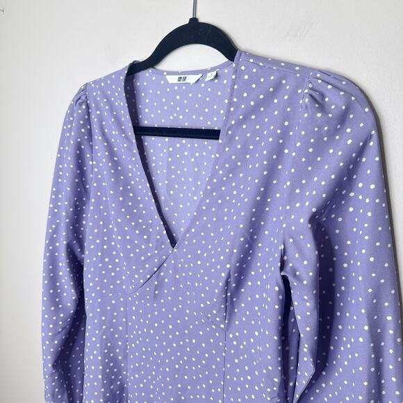 Uniqlo Purple White Dots Printed V-Neck Long Sleeve Mini Dress Small Fit  Flare - Picture 3 of 12